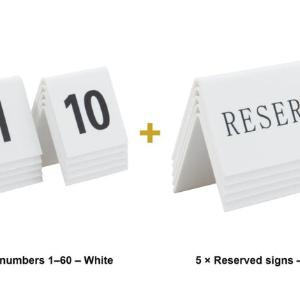 Securit® Tables 1–60 + 5 Reserved Signs Table Number Set – White Acrylic | Hospitality Trade Pack - hospitality