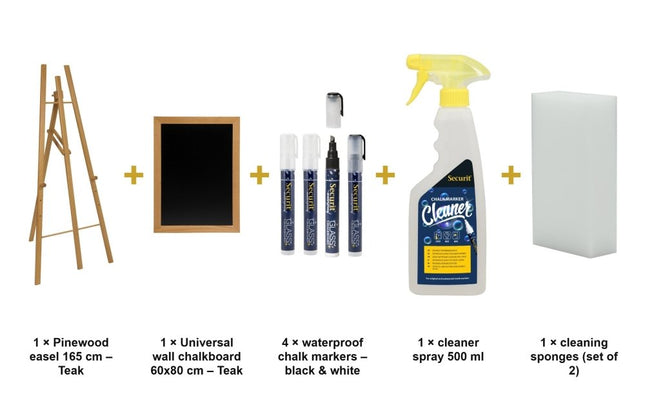 Securit® Teak Easel 165 cm + Teak Chalkboard 60x80 cm + Waterproof Markers Easel Chalkboard Set | Hospitality Trade Pack - hospitality