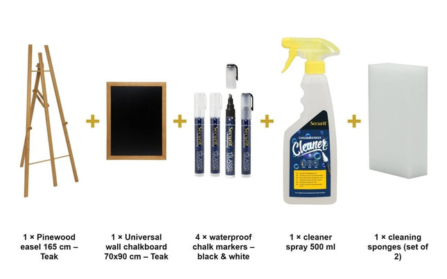 Securit® Teak Easel 165 cm + Teak Chalkboard 70x90 cm + Waterproof Markers Easel Chalkboard Set | Hospitality Trade Pack - hospitality