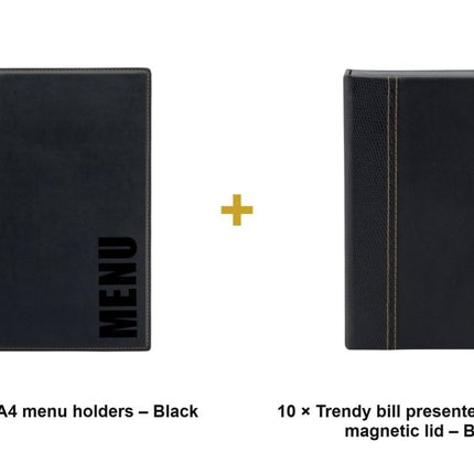 Securit® Trendy A4 Black Front-of-House Set – 10 Menu Holders + 10 Bill Presenter Boxes | Hospitality Trade Pack - hospitality