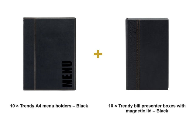 Securit® Trendy A4 Black Front-of-House Set – 10 Menu Holders + 10 Bill Presenter Boxes | Hospitality Trade Pack - hospitality