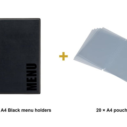 Securit® Trendy A4 Black Menu Set – 10 Menu Holders + 20 Extra Pouches | Hospitality Trade Pack - hospitality