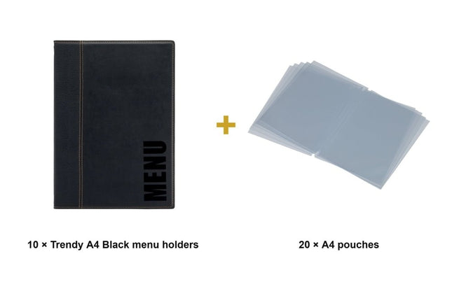Securit® Trendy A4 Black Menu Set – 10 Menu Holders + 20 Extra Pouches | Hospitality Trade Pack - hospitality