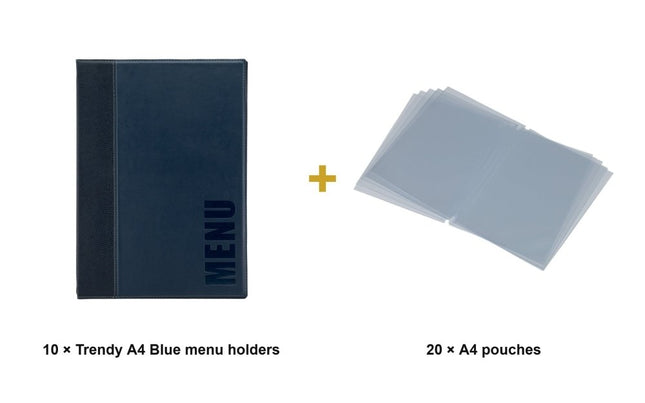 Securit® Trendy A4 Blue Menu Set – 10 Menu Holders + 20 Extra Pouches | Hospitality Trade Pack - hospitality