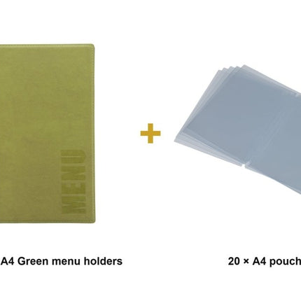 Securit® Trendy A4 Green Menu Set – 10 Menu Holders + 20 Extra Pouches | Hospitality Trade Pack - hospitality