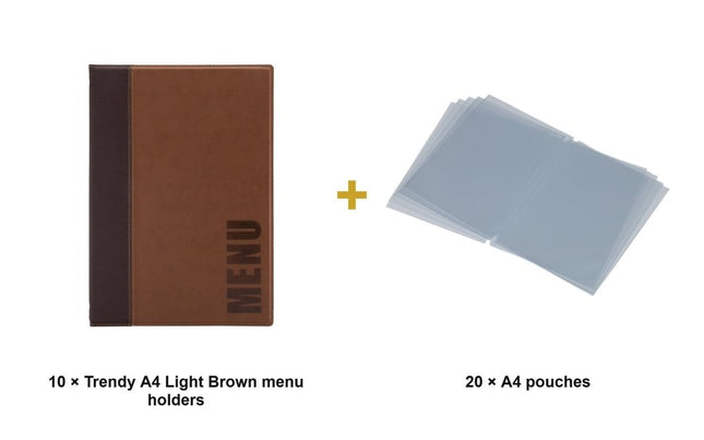 Securit® Trendy A4 Light Brown Menu Set – 10 Menu Holders + 20 Extra Pouches | Hospitality Trade Pack - hospitality