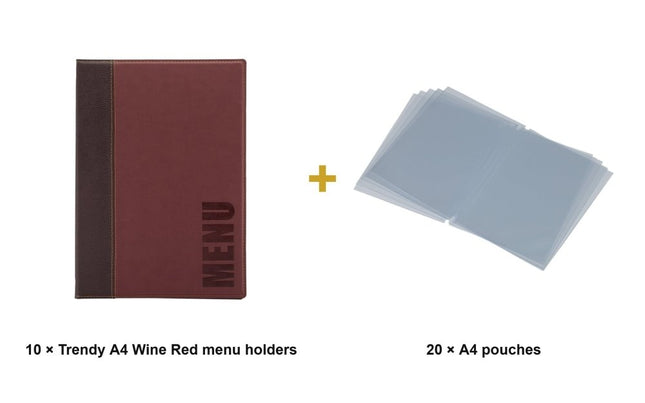 Securit® Trendy A4 Wine Red Menu Set – 10 Menu Holders + 20 Extra Pouches | Hospitality Trade Pack - hospitality