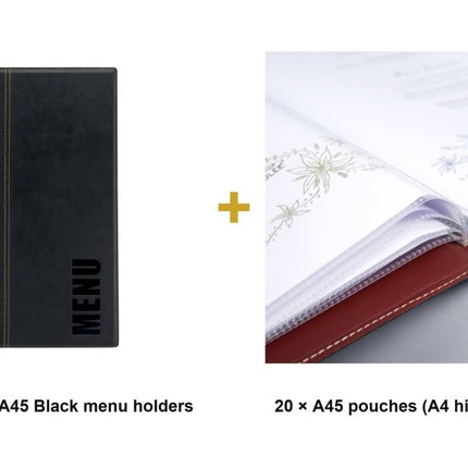 Securit® Trendy A45 Black Menu Set – 10 Menu Holders + 20 Extra Pouches | Hospitality Trade Pack - hospitality
