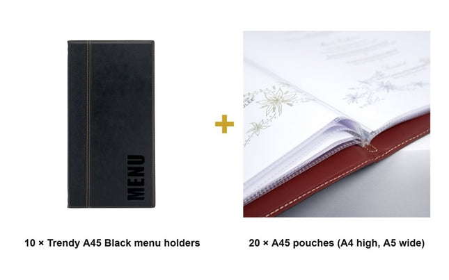 Securit® Trendy A45 Black Menu Set – 10 Menu Holders + 20 Extra Pouches | Hospitality Trade Pack - hospitality