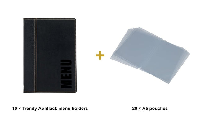 Securit® Trendy A5 Black Menu Set – 10 Menu Holders + 20 Extra Pouches | Hospitality Trade Pack - hospitality