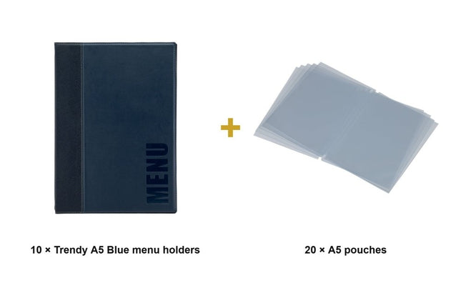 Securit® Trendy A5 Blue Menu Set – 10 Menu Holders + 20 Extra Pouches | Hospitality Trade Pack - hospitality