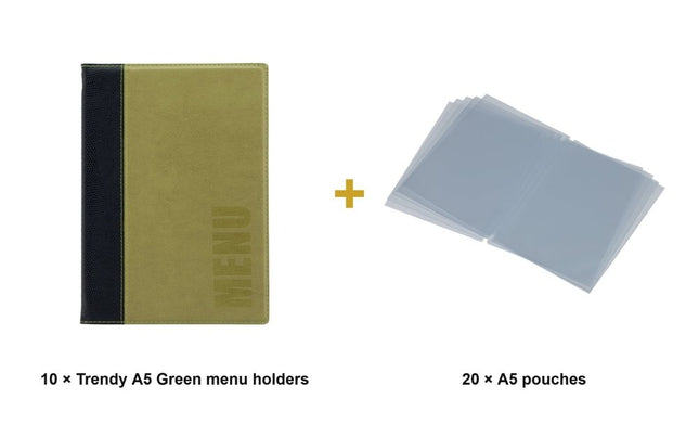 Securit® Trendy A5 Green Menu Set – 10 Menu Holders + 20 Extra Pouches | Hospitality Trade Pack - hospitality