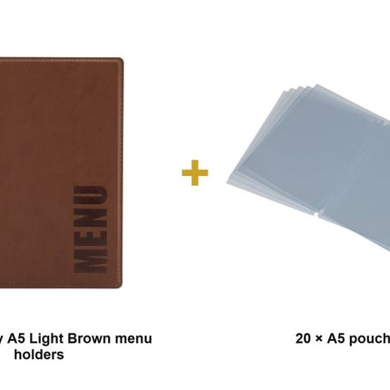Securit® Trendy A5 Light Brown Menu Set – 10 Menu Holders + 20 Extra Pouches | Hospitality Trade Pack - hospitality