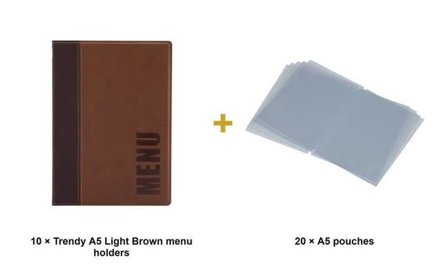 Securit® Trendy A5 Light Brown Menu Set – 10 Menu Holders + 20 Extra Pouches | Hospitality Trade Pack - hospitality