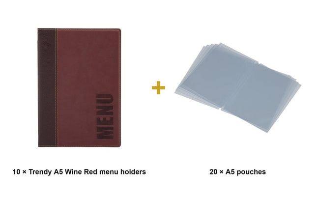 Securit® Trendy A5 Wine Red Menu Set – 10 Menu Holders + 20 Extra Pouches | Hospitality Trade Pack - hospitality
