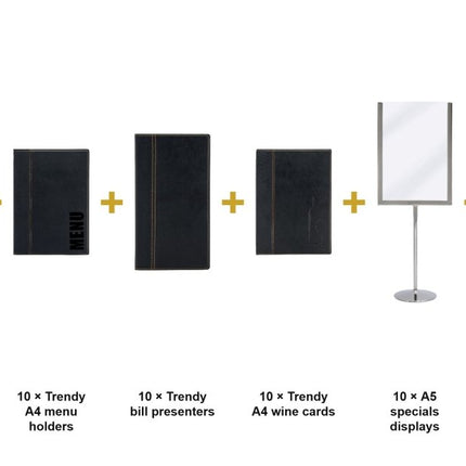 Securit® Trendy Black Complete Ready Table Set for 10 Tables – Lamps + Menus + Wine Cards + Bill Presenters + Specials Displays + Table Numbers | Hospitality Trade Pack - hospitality