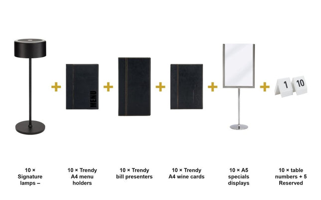 Securit® Trendy Black Complete Ready Table Set for 10 Tables – Lamps + Menus + Wine Cards + Bill Presenters + Specials Displays + Table Numbers | Hospitality Trade Pack - hospitality