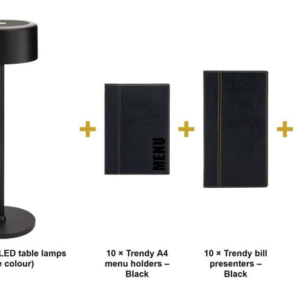 Securit® Trendy Black Ready Table Set for 10 Tables – Lamps + Menu Holders + Bill Presenters + Table Numbers | Hospitality Trade Pack - hospitality