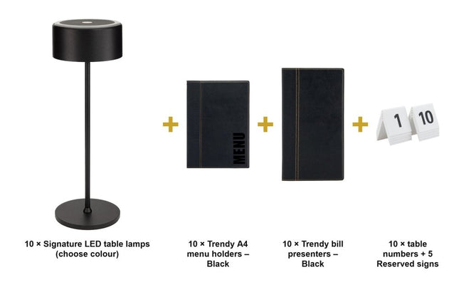 Securit® Trendy Black Ready Table Set for 10 Tables – Lamps + Menu Holders + Bill Presenters + Table Numbers | Hospitality Trade Pack - hospitality