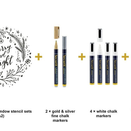 Securit® Windoodle Christmas Stencils + Gold, Silver & White Chalk Markers + Cleaner Christmas Window Set | Hospitality Trade Pack - hospitality