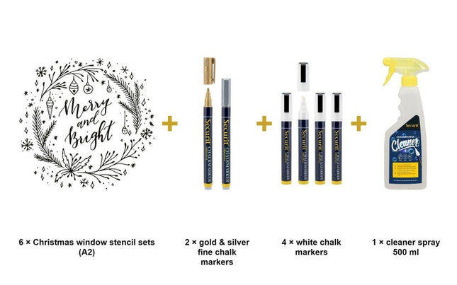 Securit® Windoodle Christmas Stencils + Gold, Silver & White Chalk Markers + Cleaner Christmas Window Set | Hospitality Trade Pack - hospitality