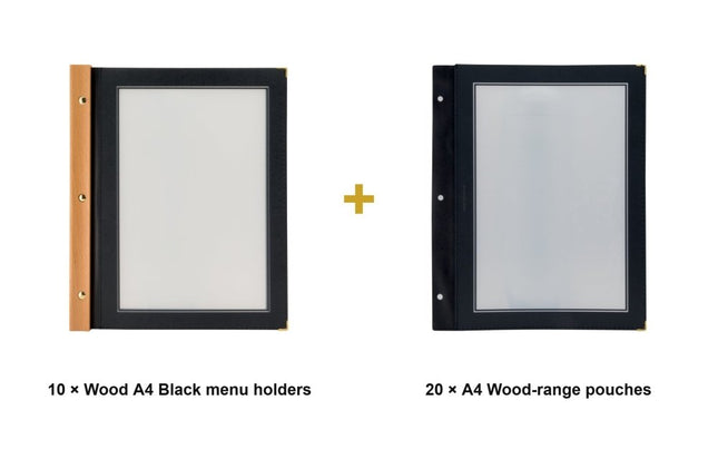Securit® Wood A4 Black Menu Set – 10 Menu Holders + 20 Extra Pouches | Hospitality Trade Pack - hospitality