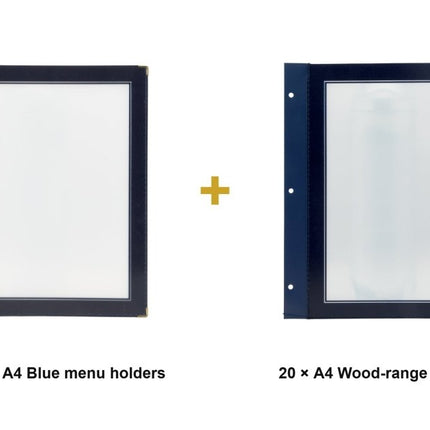 Securit® Wood A4 Blue Menu Set – 10 Menu Holders + 20 Extra Pouches | Hospitality Trade Pack - hospitality
