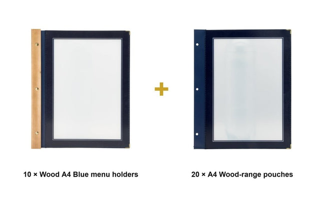 Securit® Wood A4 Blue Menu Set – 10 Menu Holders + 20 Extra Pouches | Hospitality Trade Pack - hospitality