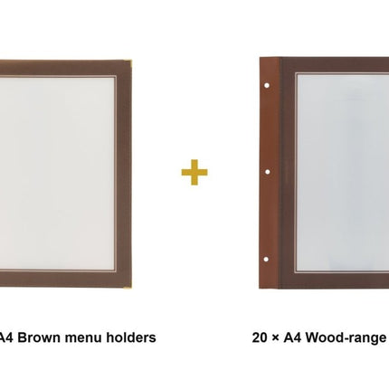 Securit® Wood A4 Brown Menu Set – 10 Menu Holders + 20 Extra Pouches | Hospitality Trade Pack - hospitality