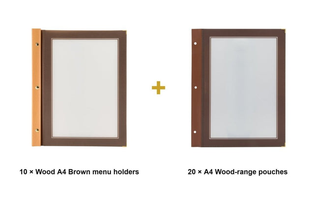 Securit® Wood A4 Brown Menu Set – 10 Menu Holders + 20 Extra Pouches | Hospitality Trade Pack - hospitality