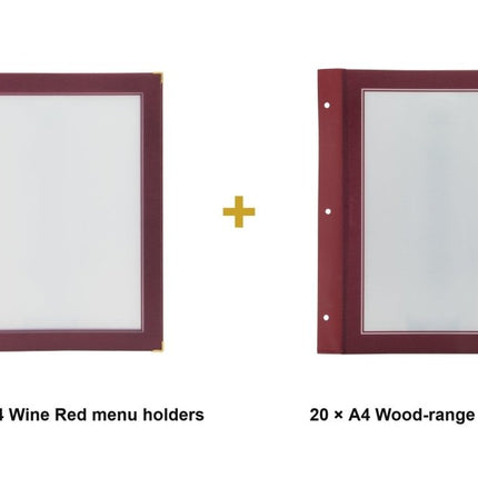 Securit® Wood A4 Wine Red Menu Set – 10 Menu Holders + 20 Extra Pouches | Hospitality Trade Pack - hospitality
