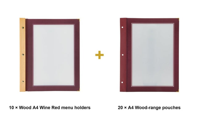 Securit® Wood A4 Wine Red Menu Set – 10 Menu Holders + 20 Extra Pouches | Hospitality Trade Pack - hospitality