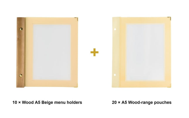 Securit® Wood A5 Beige Menu Set – 10 Menu Holders + 20 Extra Pouches | Hospitality Trade Pack - hospitality