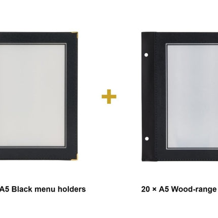 Securit® Wood A5 Black Menu Set – 10 Menu Holders + 20 Extra Pouches | Hospitality Trade Pack - hospitality
