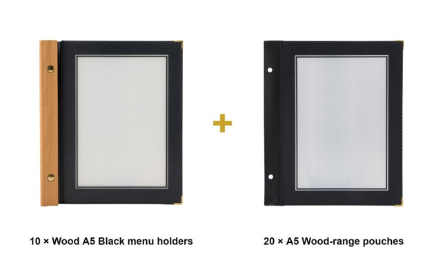 Securit® Wood A5 Black Menu Set – 10 Menu Holders + 20 Extra Pouches | Hospitality Trade Pack - hospitality