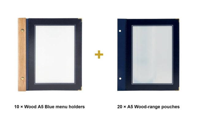 Securit® Wood A5 Blue Menu Set – 10 Menu Holders + 20 Extra Pouches | Hospitality Trade Pack - hospitality