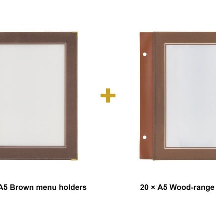Securit® Wood A5 Brown Menu Set – 10 Menu Holders + 20 Extra Pouches | Hospitality Trade Pack - hospitality