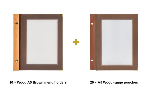 Securit® Wood A5 Brown Menu Set – 10 Menu Holders + 20 Extra Pouches | Hospitality Trade Pack - hospitality