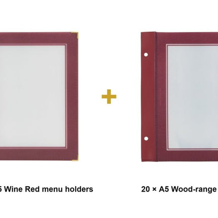 Securit® Wood A5 Wine Red Menu Set – 10 Menu Holders + 20 Extra Pouches | Hospitality Trade Pack - hospitality