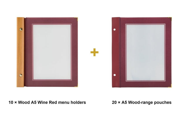 Securit® Wood A5 Wine Red Menu Set – 10 Menu Holders + 20 Extra Pouches | Hospitality Trade Pack - hospitality