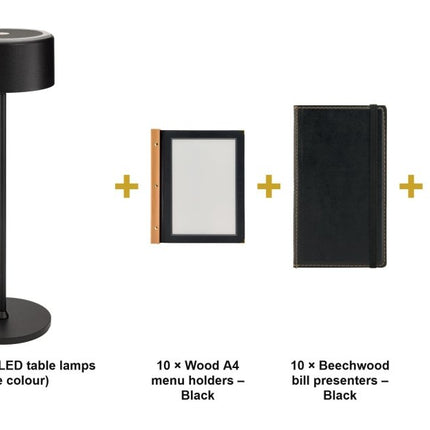 Securit® Wood Black Ready Table Set for 10 Tables – Lamps + Menu Holders + Bill Presenters + Table Numbers | Hospitality Trade Pack - hospitality