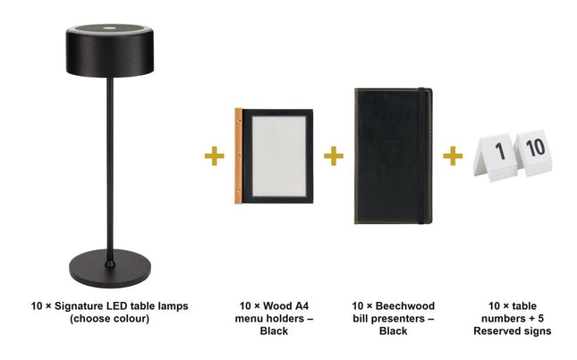 Securit® Wood Black Ready Table Set for 10 Tables – Lamps + Menu Holders + Bill Presenters + Table Numbers | Hospitality Trade Pack - hospitality