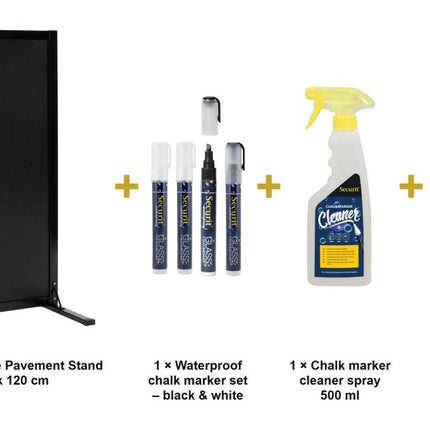 Securit® Woody Large Pavement Stand in Black 120 cm Chalkboard Set – Board + Waterproof Markers + Cleaner | Hospitality Trade Pack - hospitality
