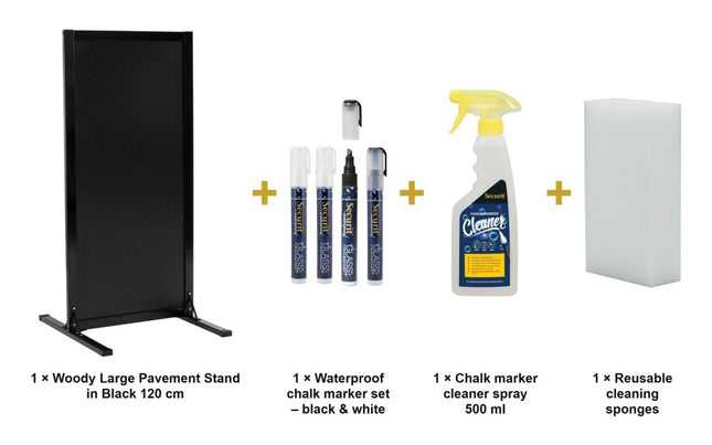 Securit® Woody Large Pavement Stand in Black 120 cm Chalkboard Set – Board + Waterproof Markers + Cleaner | Hospitality Trade Pack - hospitality
