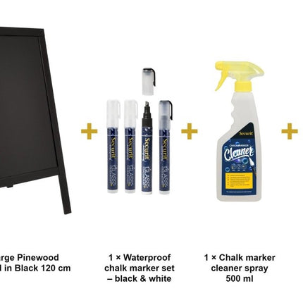 Securit® Woody Large Pinewood Pavement Board in Black 120 cm Chalkboard Set – Board + Waterproof Markers + Cleaner | Hospitality Trade Pack - hospitality