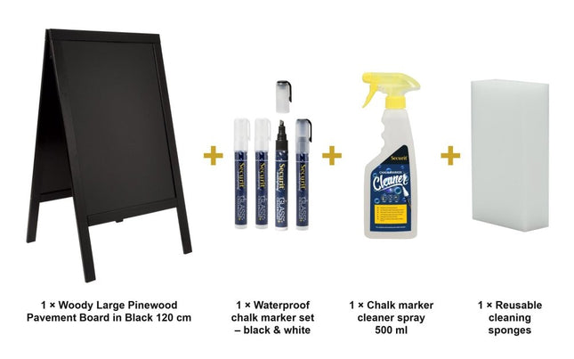 Securit® Woody Large Pinewood Pavement Board in Black 120 cm Chalkboard Set – Board + Waterproof Markers + Cleaner | Hospitality Trade Pack - hospitality