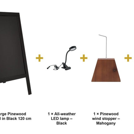 Securit® Woody Large Pinewood Pavement Board in Black 120 cm Lit Pavement Sign Set – Board + LED Lamp + Wind Stopper + Markers | Hospitality Trade Pack - hospitality