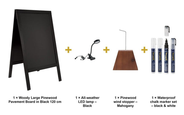 Securit® Woody Large Pinewood Pavement Board in Black 120 cm Lit Pavement Sign Set – Board + LED Lamp + Wind Stopper + Markers | Hospitality Trade Pack - hospitality