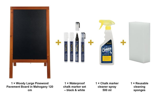 Securit® Woody Large Pinewood Pavement Board in Mahogany 120 cm Chalkboard Set – Board + Waterproof Markers + Cleaner | Hospitality Trade Pack - hospitality