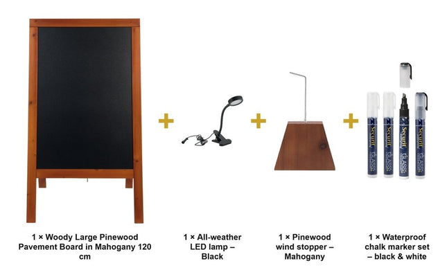 Securit® Woody Large Pinewood Pavement Board in Mahogany 120 cm Lit Pavement Sign Set – Board + LED Lamp + Wind Stopper + Markers | Hospitality Trade Pack - hospitality